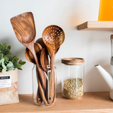 Kit 7 Utensílios de Cozinha em Madeira Natural – Colheres e Conchas Artesanais